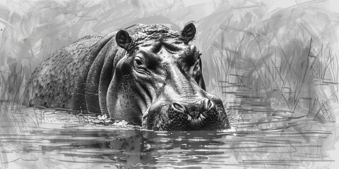 Sticker - Black and white sketch of a hippo in water.