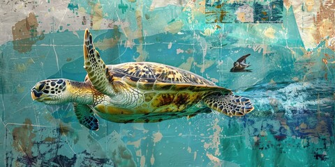 Canvas Print - Sea turtle swims in turquoise ocean.