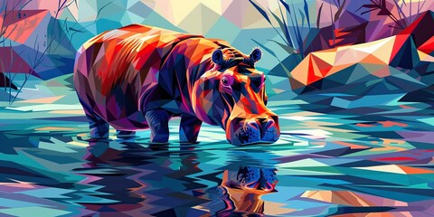 Poster - Abstract polygonal hippopotamus in water.