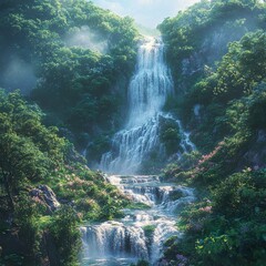 Wall Mural - Waterfall flowing through rich green foliage and sparkling mist wallpaper