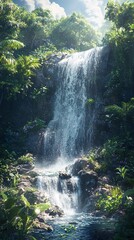 Wall Mural - Enchanting scene of cascading waterfall with lush foliage and mist wallpaper