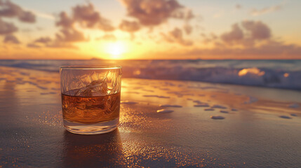 glass of whisky on the beach