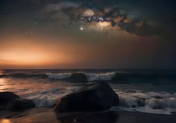 Beautiful night sky with stars and milky way over the sea. Nature background and wallpaper