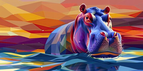 Poster - Abstract polygonal hippo in water.