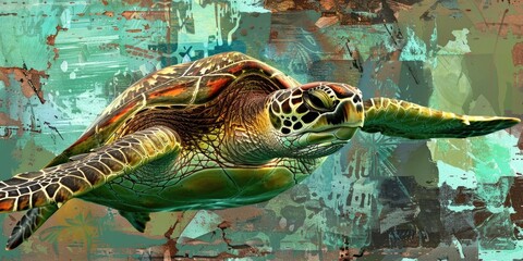 Wall Mural - Green sea turtle on abstract background.