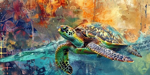 Wall Mural - Sea turtle swims in colorful abstract art.