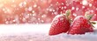 © Alice - Two strawberries sit atop a mound of snow in front of a red and white bok of light