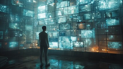 Poster - Person Staring At Interactive Digital Displays In Futuristic Urban Environment During Nighttime