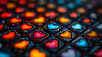 Brightly colored heart-shaped candies are scattered across a dark background, creating a vibrant and playful atmosphere for a celebration