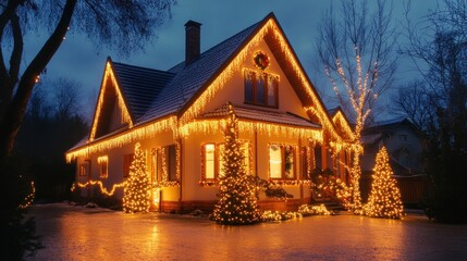 Wall Mural - Decorated house with christmas lights --ar 16:9 --v 6.1 Job ID: 940cd42e-0b27-4a57-94a0-5cdbff770285