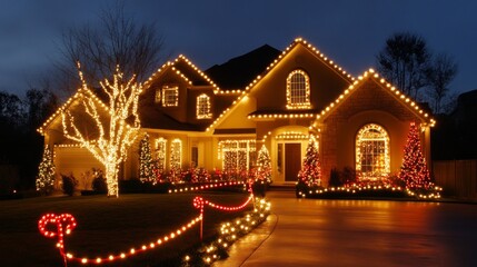 Wall Mural - Decorated house with christmas lights --ar 16:9 --v 6.1 Job ID: c22bf886-3576-4ce1-89f4-a6c7950979f5