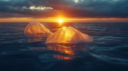 environmental concept depicting two large plastic bags floating on a calm sea surface against a dram