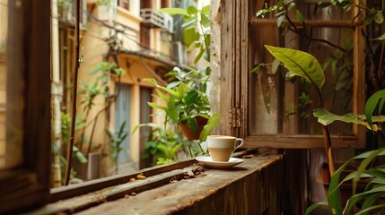 Sticker -   A coffee cup resting on a windowsill, beside a lush plant-filled one