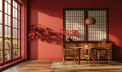 Wall Mural - Modern Japanese Dining Room with Red Accents