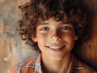 A close-up shot of a young boy with curly hair, smiling at the camera