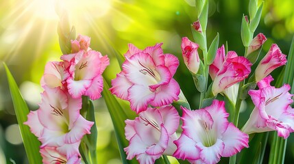 Poster -   Pink and white flowers on green stems against a green backdrop with sun shining