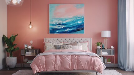 Wall Mural -   A pink-walled bedroom features a white bed adorned with a pink comforter and a painting hanging on the wall