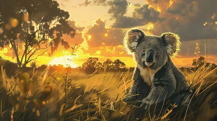 Wall Mural -   A majestic koala bear basks amidst towering blades of grass as the sun sets behind it