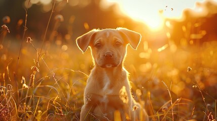   A dog sits in a grassy field with the sun illuminating its face