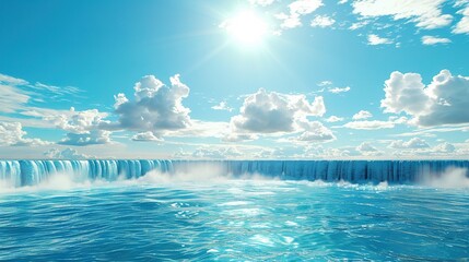 Wall Mural -   A vast expanse of water surges with a cresting wave, set against a backdrop of vibrant azure sky