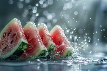 Poster -   A group of watermelon slices floating in water