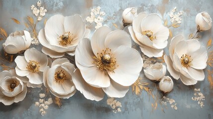 Poster - elegant arrangement of white flowers with golden accents on soft blue background