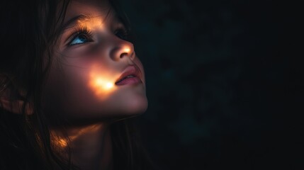 Dramatic portrait of a young girl with light shining on her face, looking upwards in a dark, moody environment, space for text