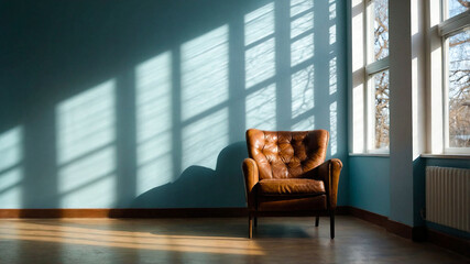 brown leather chair on blue background with shadow