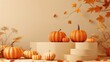 © Lasvu - Autumn-themed pumpkin podium for holiday display with decorative elements on beige background