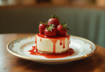 Delicious Cheesecake with a layer of strawberry compote on a decorative plate