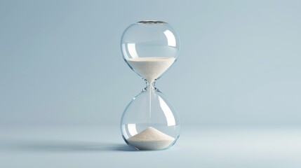 A glass hourglass with sand slowly running through the bottom bulb. The hourglass is isolated on a blue background.