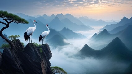 A serene landscape featuring two cranes standing on a rocky outcrop, gazing at each other.