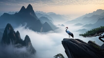 A serene landscape featuring two cranes standing on a rocky outcrop, gazing at each other.