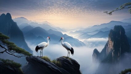 A serene landscape featuring two cranes standing on a rocky outcrop, gazing at each other.