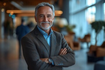 portrait of Handsome smiling senior successful businessman consultant looking at camera and smiling  with folded arms inside modern office. ai generated, old man