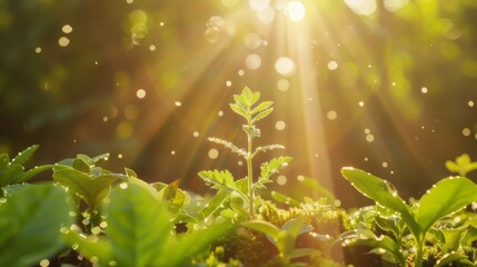 This macro photography captures the magic of a young plant in the sunlight, emitting a soft glow that makes each dewdrop on the leaf look like a tiny shining gem.