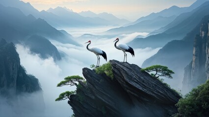 A serene landscape featuring two cranes standing on a rocky outcrop, gazing at each other.