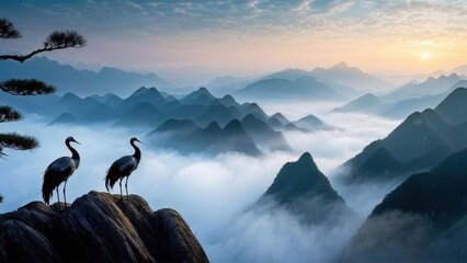 A serene landscape featuring two cranes standing on a rocky outcrop, gazing at each other.