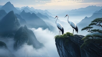 A serene landscape featuring two cranes standing on a rocky outcrop, gazing at each other.