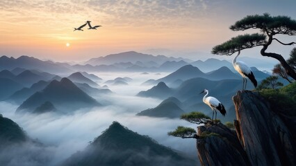 A serene landscape featuring two cranes standing on a rocky outcrop, gazing at each other.