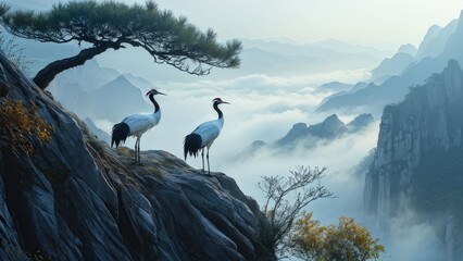 A serene landscape featuring two cranes standing on a rocky outcrop, gazing at each other.