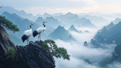 A serene landscape featuring two cranes standing on a rocky outcrop, gazing at each other.