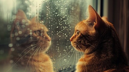 Wall Mural - Ginger Cat Gazing Through a Rainy Window