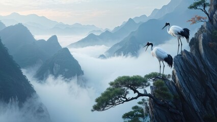 A serene landscape featuring two cranes standing on a rocky outcrop, gazing at each other.