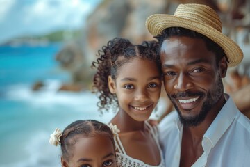 Wall Mural - Black family enjoying beach vacation, bonding and laughing together in the sunshine by the ocean c