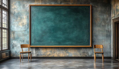 A large green chalkboard hangs on the wall of an empty classroom, and there is only one desk with two chairs next to it.