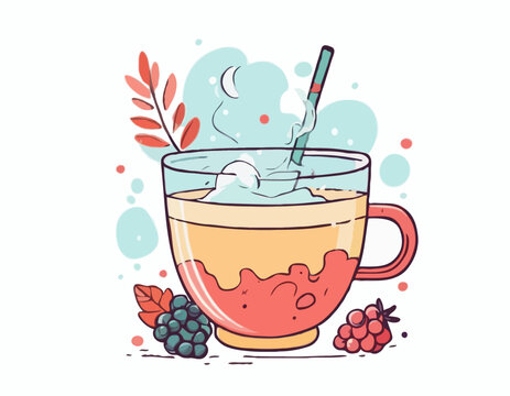 Cutee isolated Autumn Winter handdrawn illustration with cup of drink, steam and berries
