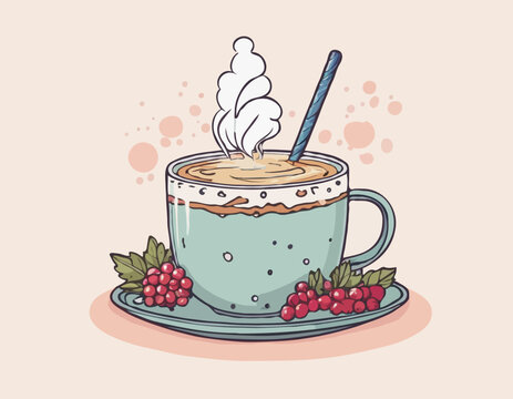 Cutee isolated Autumn Winter handdrawn illustration with cup of drink, steam and berries
