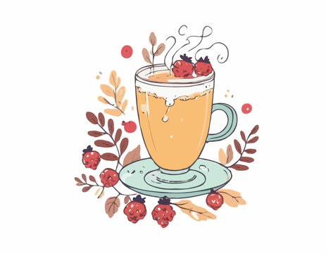 Cutee isolated Autumn Winter handdrawn illustration with cup of drink, steam and berries
