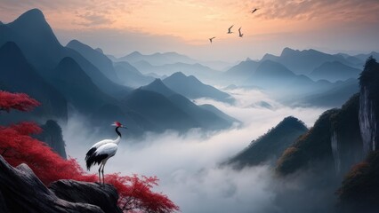 A serene landscape featuring two cranes standing on a rocky outcrop, gazing at each other.